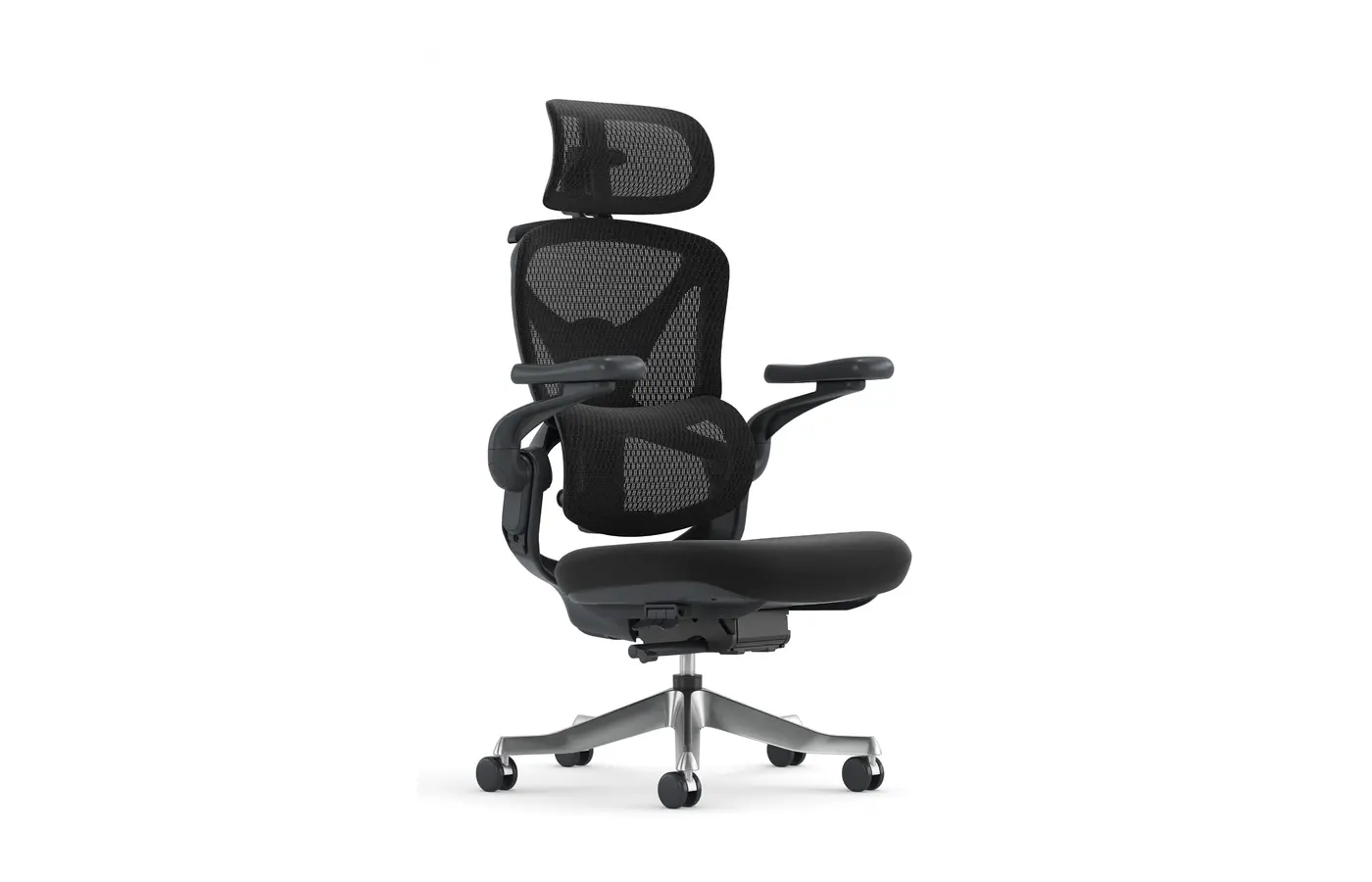 A007 black ergonomic mesh chair, front three-quarter view