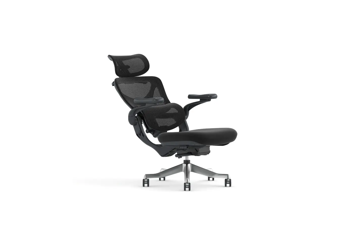 A007 black ergonomic mesh chair in reclined position
