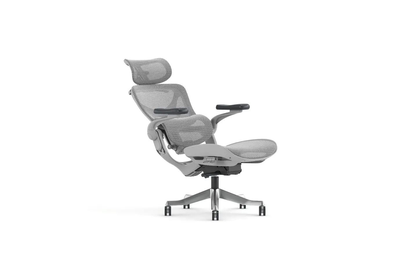 A007 gray ergonomic mesh chair in reclined position