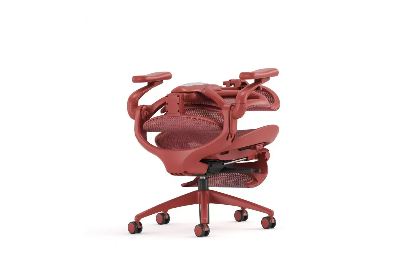A007 red ergonomic mesh chair folded for compact storage