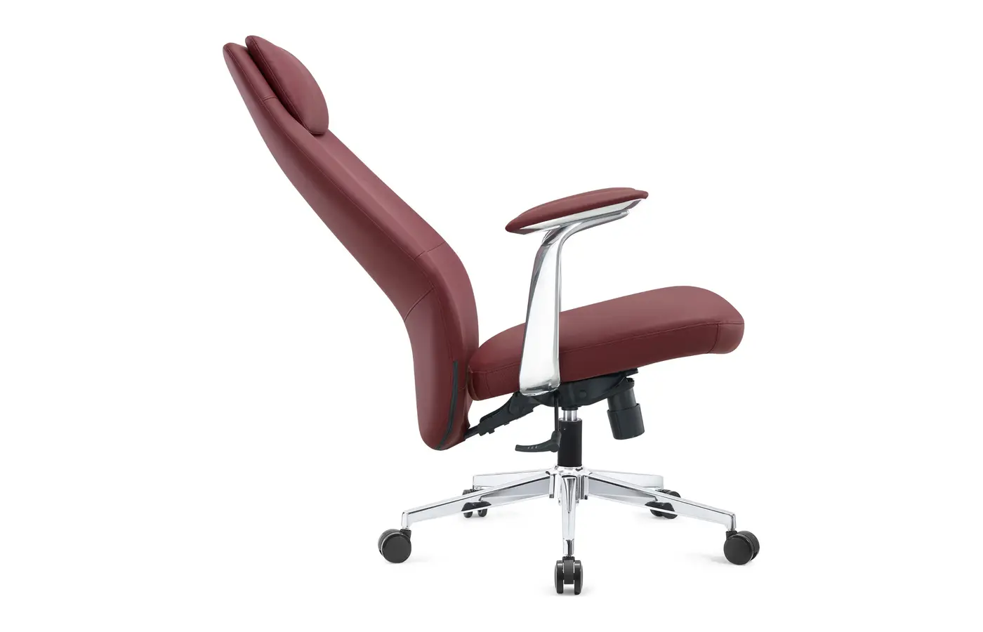 A209 burgundy executive leather office chair, reclined side view