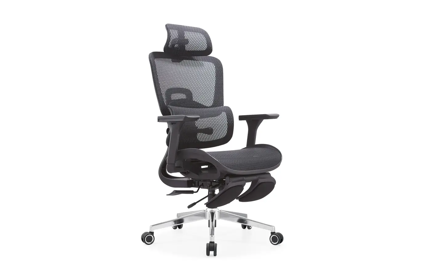 A8623 black dual-back ergonomic mesh office chair with footrest, front three-quarter view