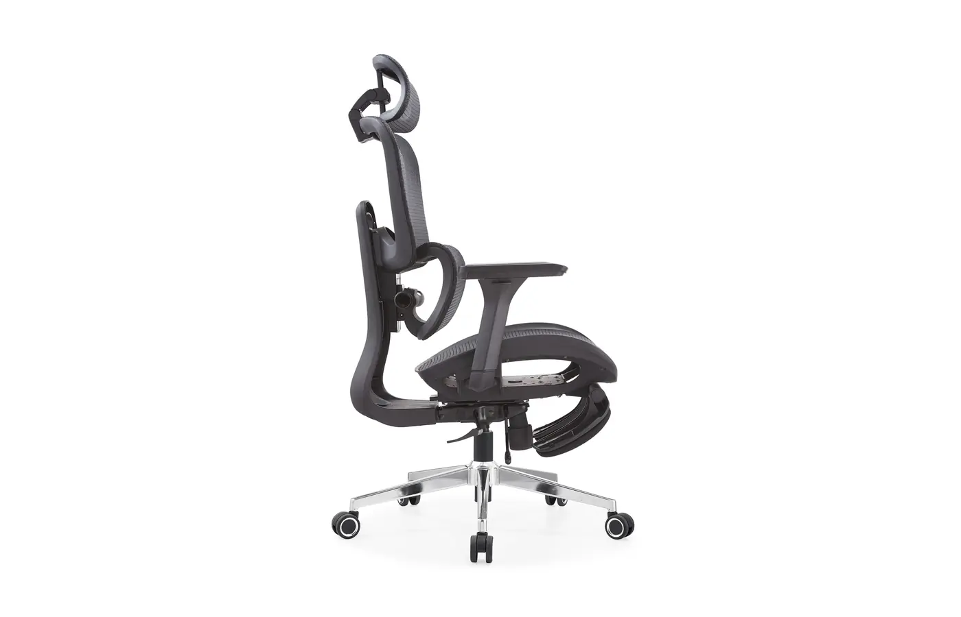 A8623 black dual-back ergonomic mesh office chair with concealed footrest, side view