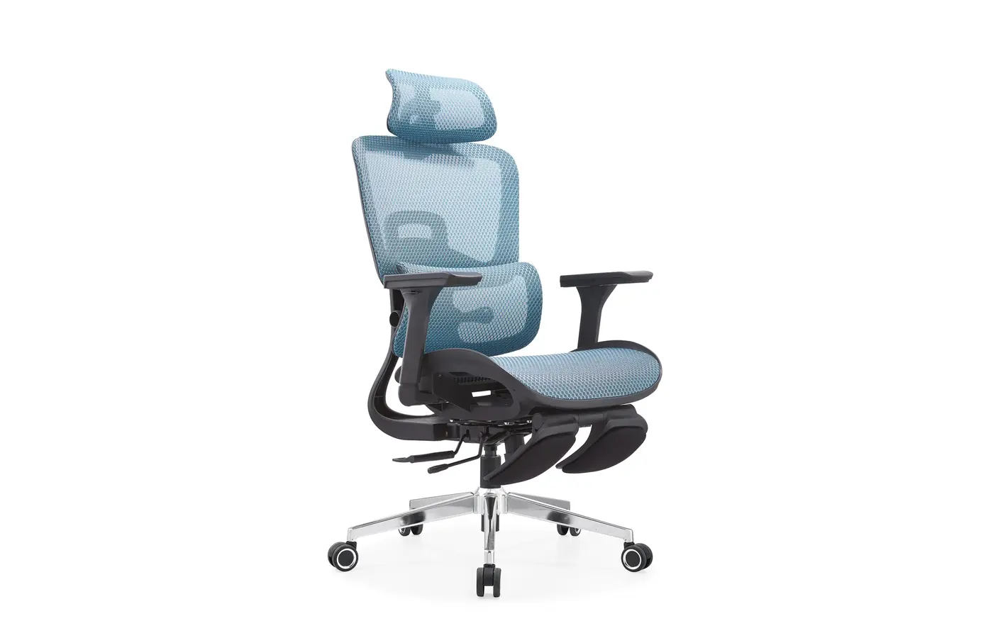 A8623 blue dual-back ergonomic mesh office chair with footrest, front three-quarter view