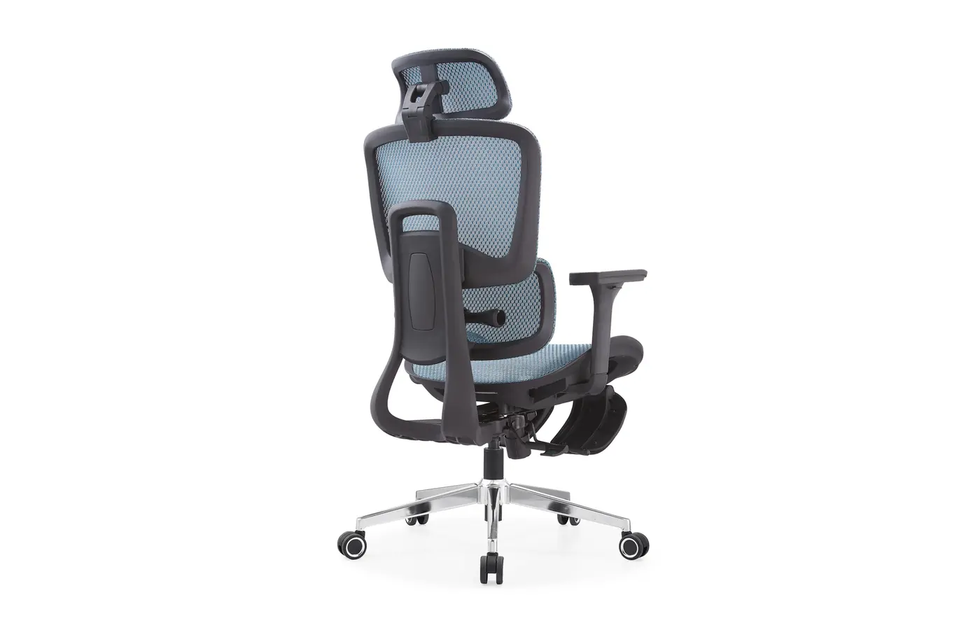 A8623 blue dual-back ergonomic mesh office chair with footrest, rear view