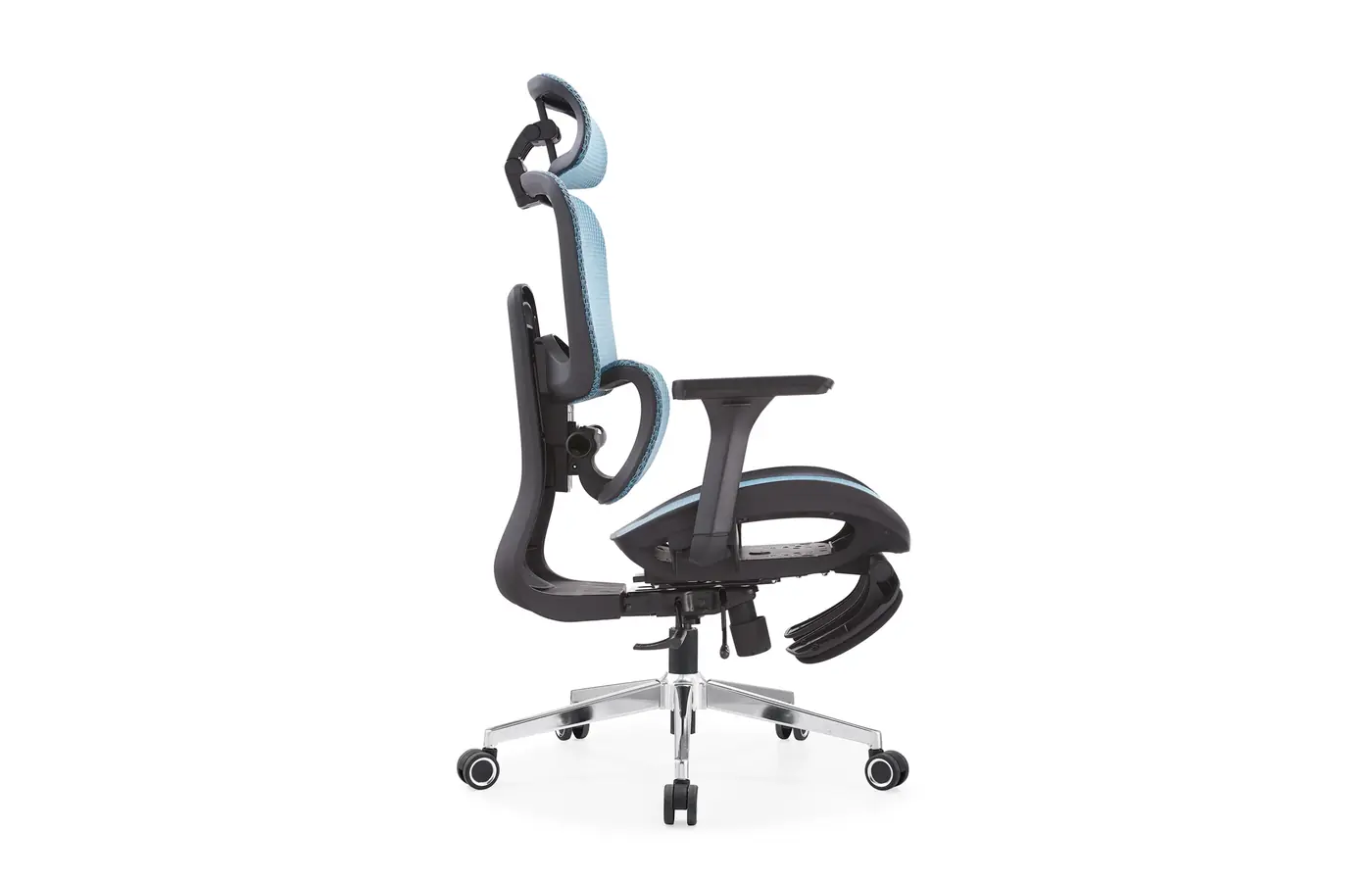 A8623 blue dual-back ergonomic mesh office chair with concealed footrest, side view