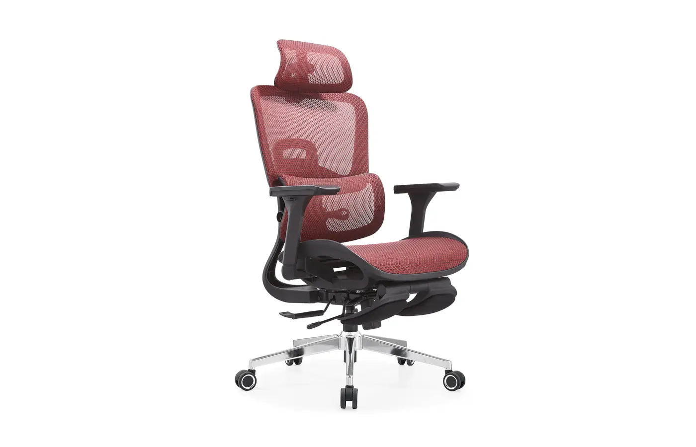 A8623 red dual-back ergonomic mesh office chair with footrest, front three-quarter view
