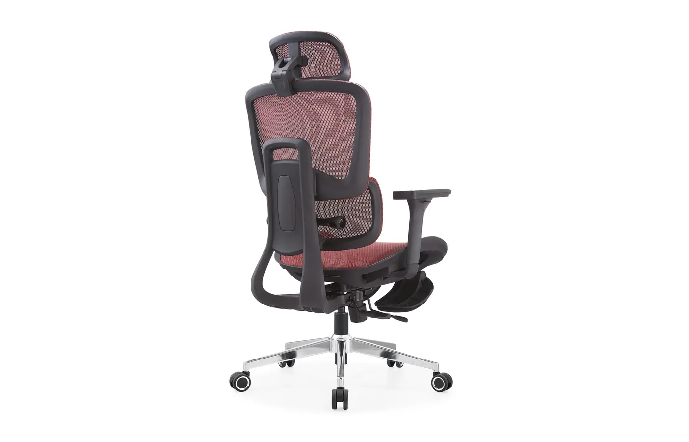 A8623 red dual-back ergonomic mesh office chair with footrest, rear view