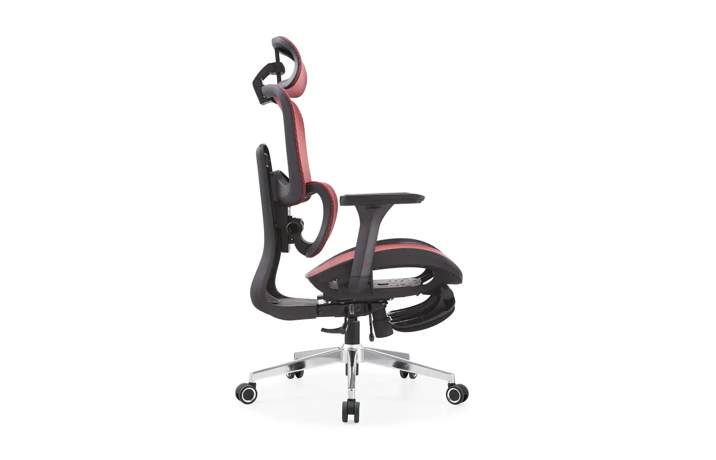 A8623 red dual-back ergonomic mesh office chair with concealed footrest, side view