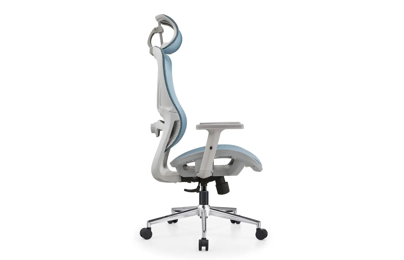 A8626-Q blue ergonomic mesh office chair, side view