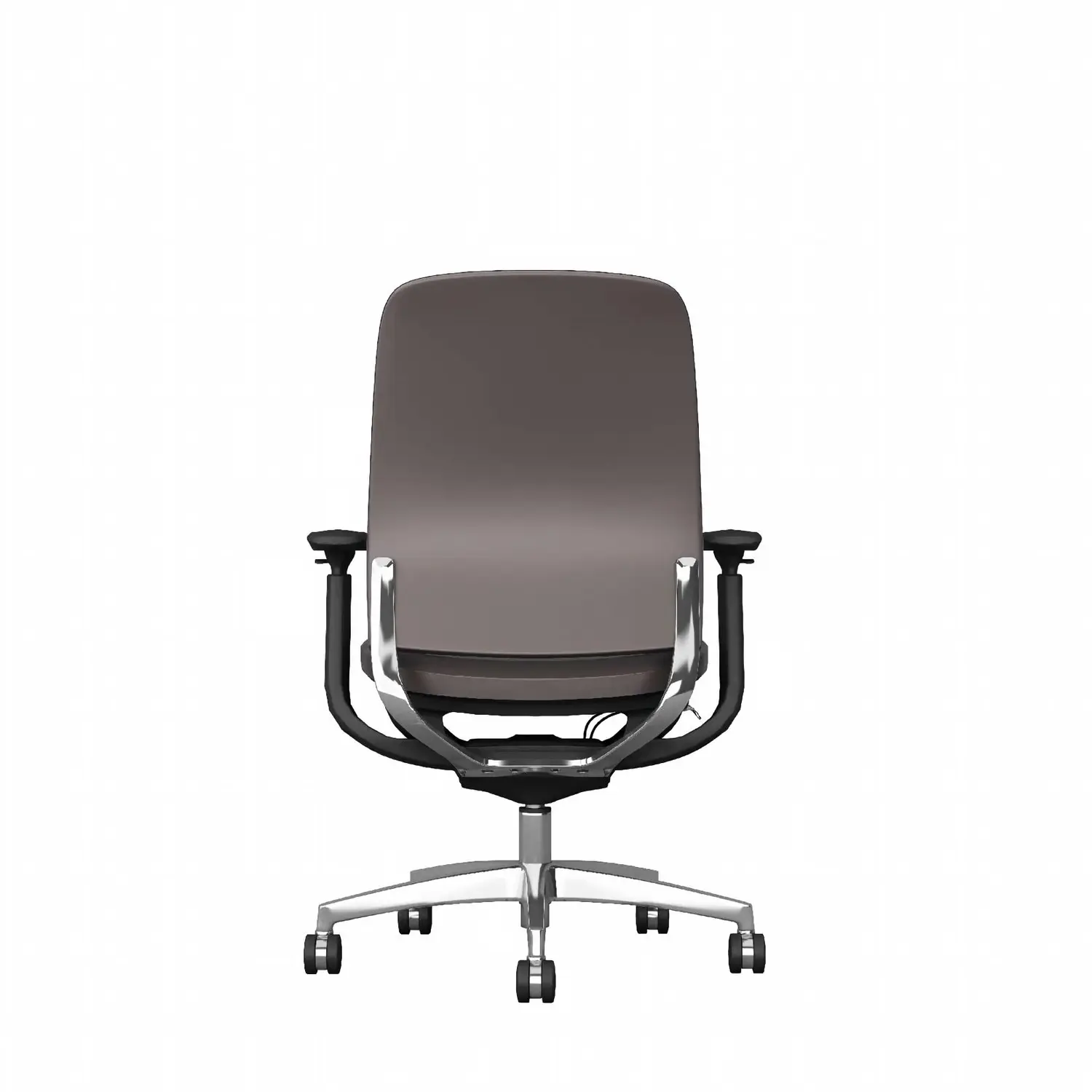 Front view of brown upholstered commercial office chair with polished base