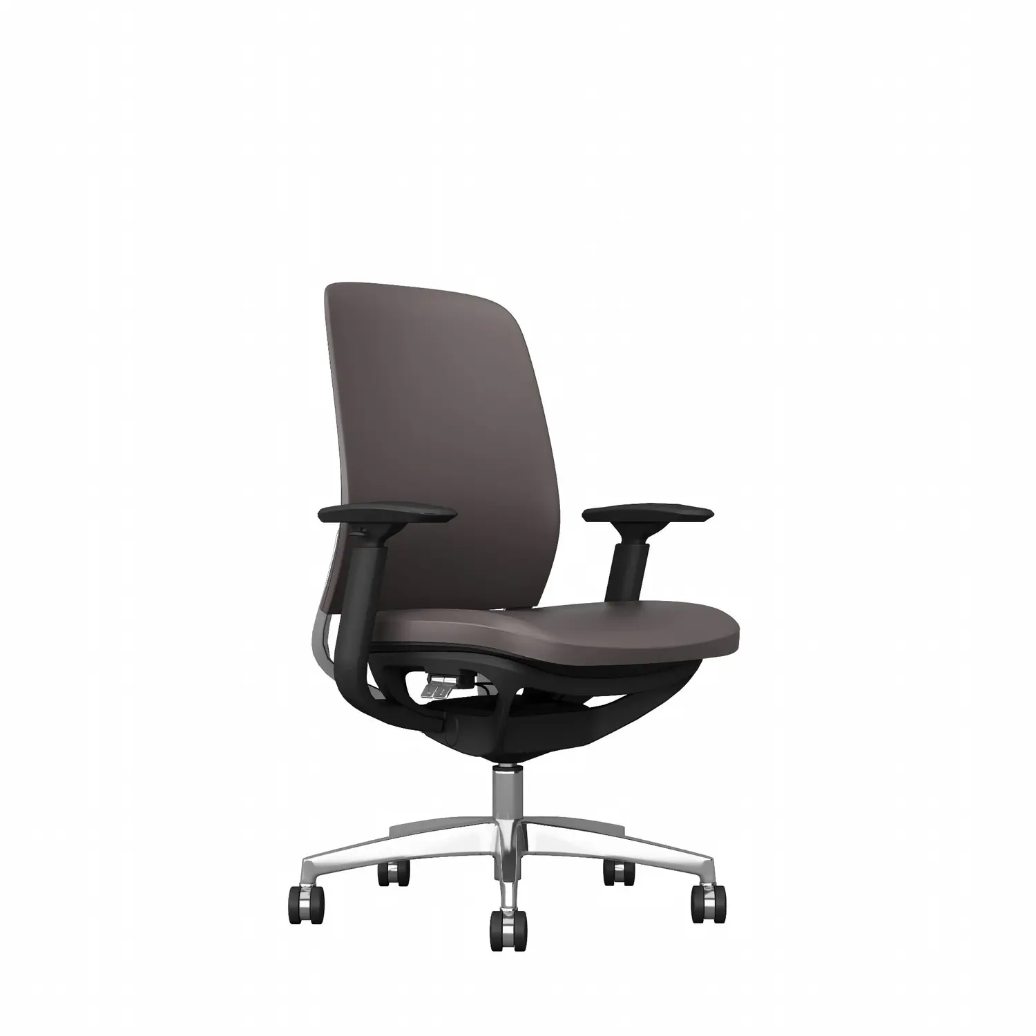 Side view of brown upholstered office task chair