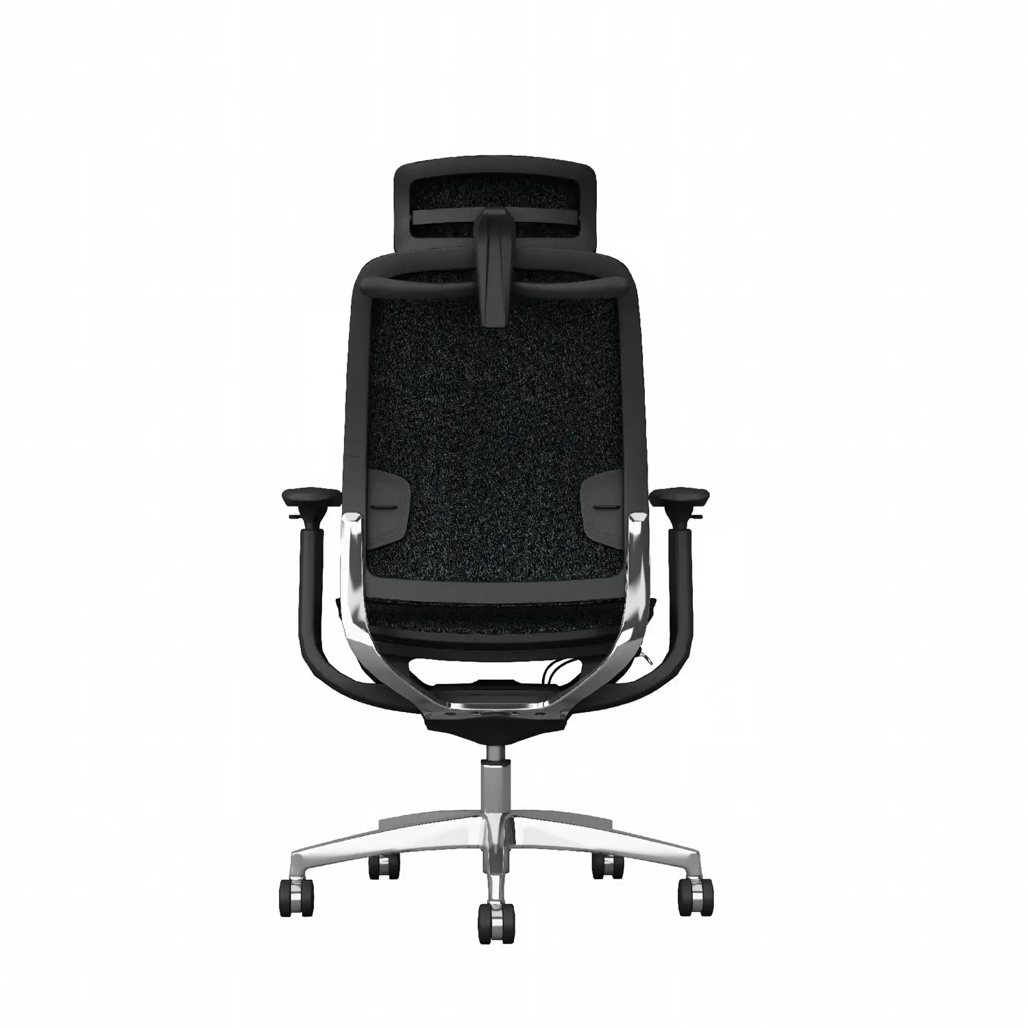 Front view of high-back ergonomic office chair with headrest