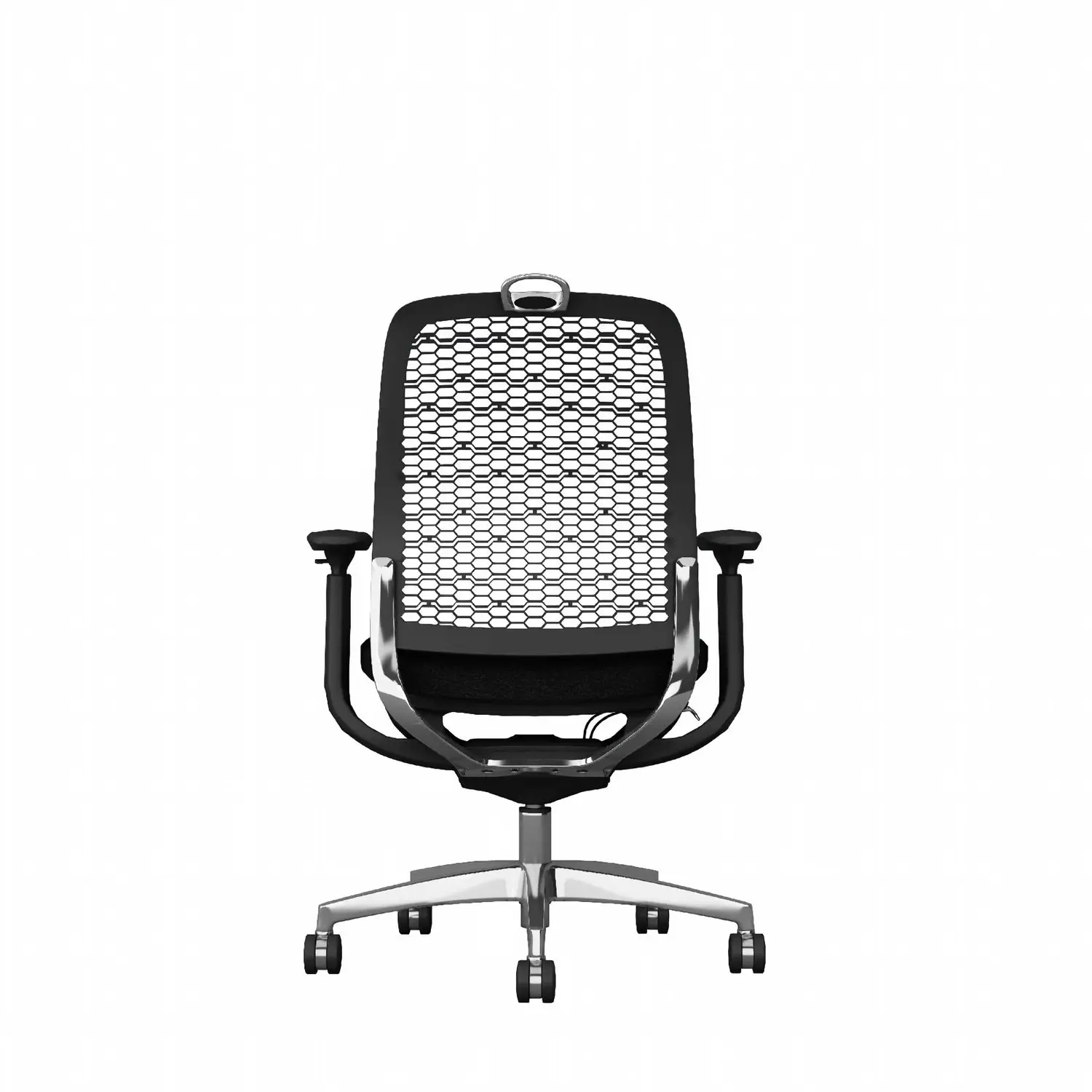 Front view of black commercial mesh office chair with open grid back
