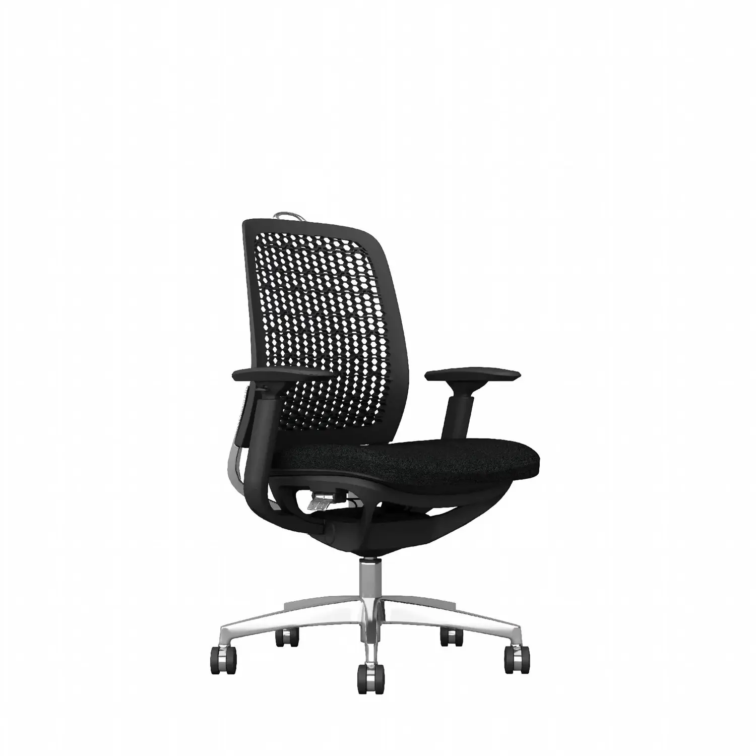 Side view of ergonomic commercial mesh task chair showing sculpted frame and seat profile