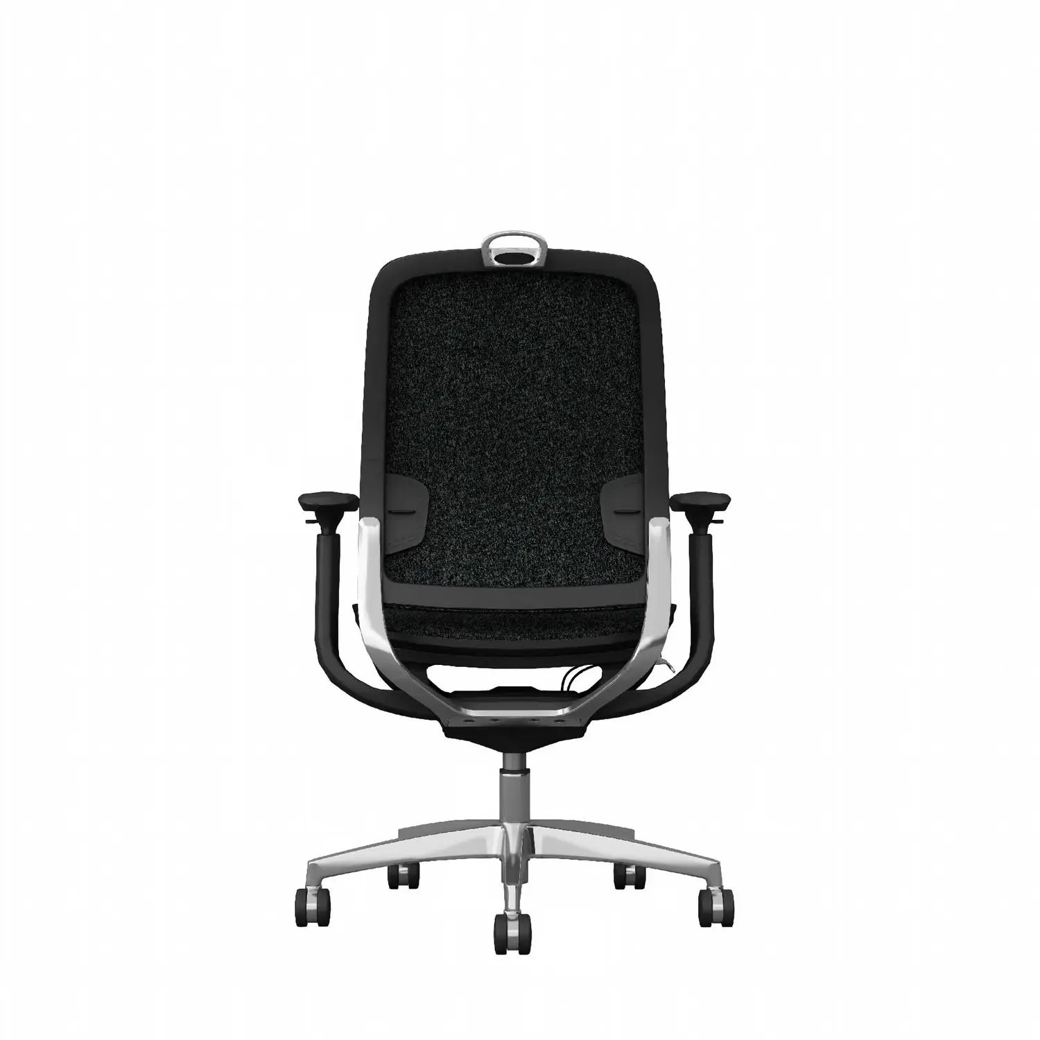 Front view of black upholstered ergonomic office task chair