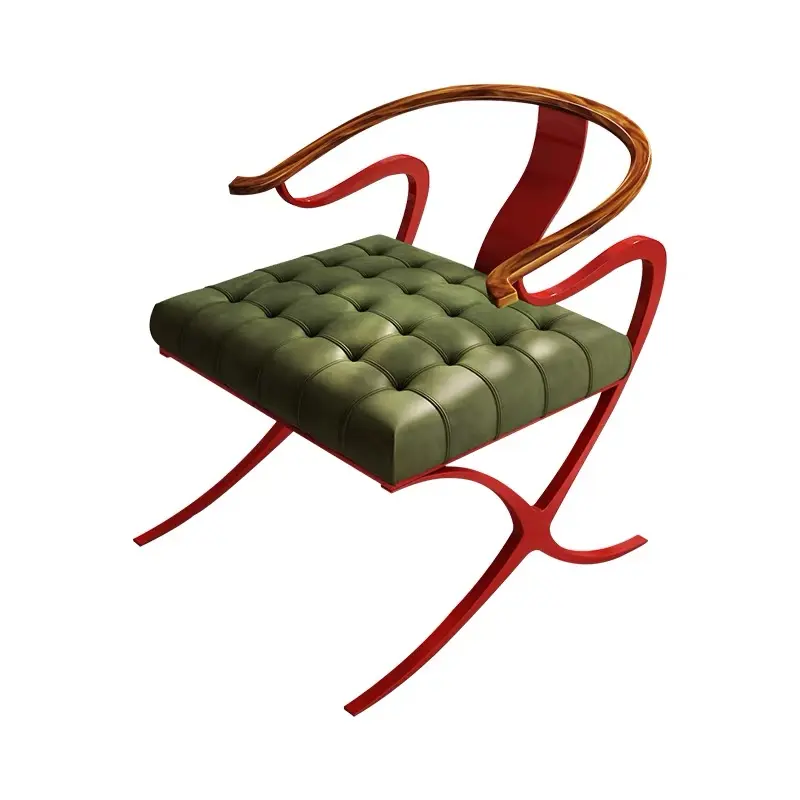 AXJ-A-212 brown tufted leather lounge chair with sculpted walnut arms, product view 3