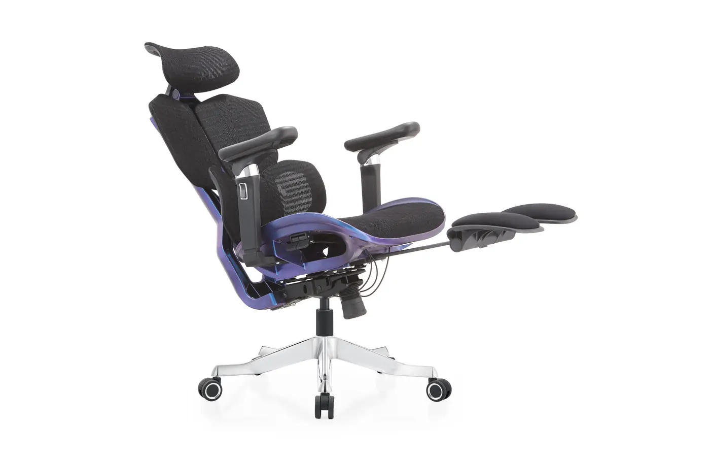 BT-FQ black-frame chameleon ergonomic mesh chair reclined with footrest