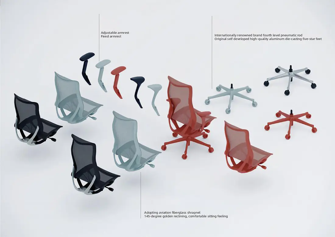 High-back mesh office chair component references with multiple armrests, frames and five-star bases