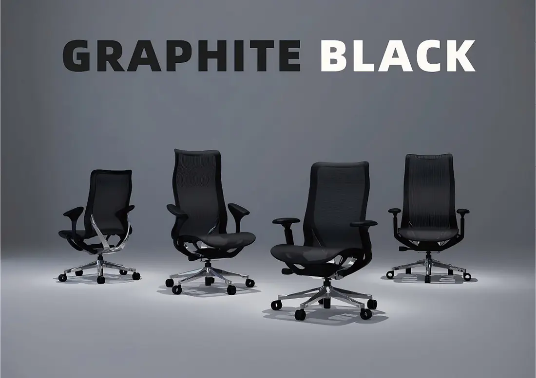 Graphite Black high-back mesh office chair family with polished base references