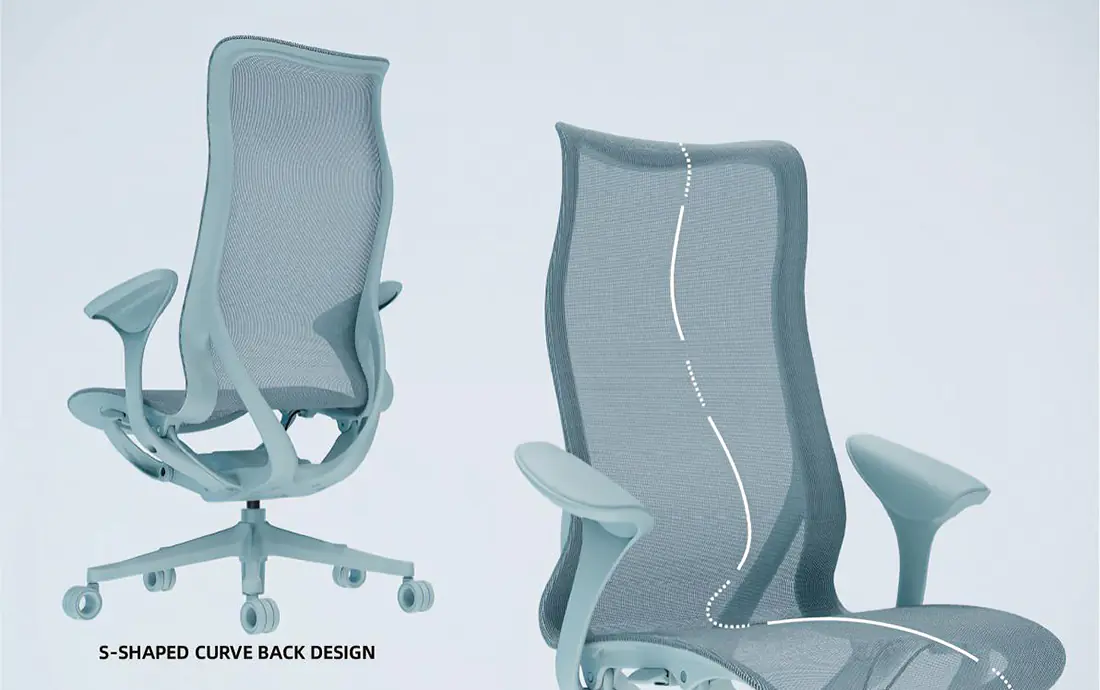 Light blue high-back mesh office chair illustrating an S-shaped ergonomic back profile