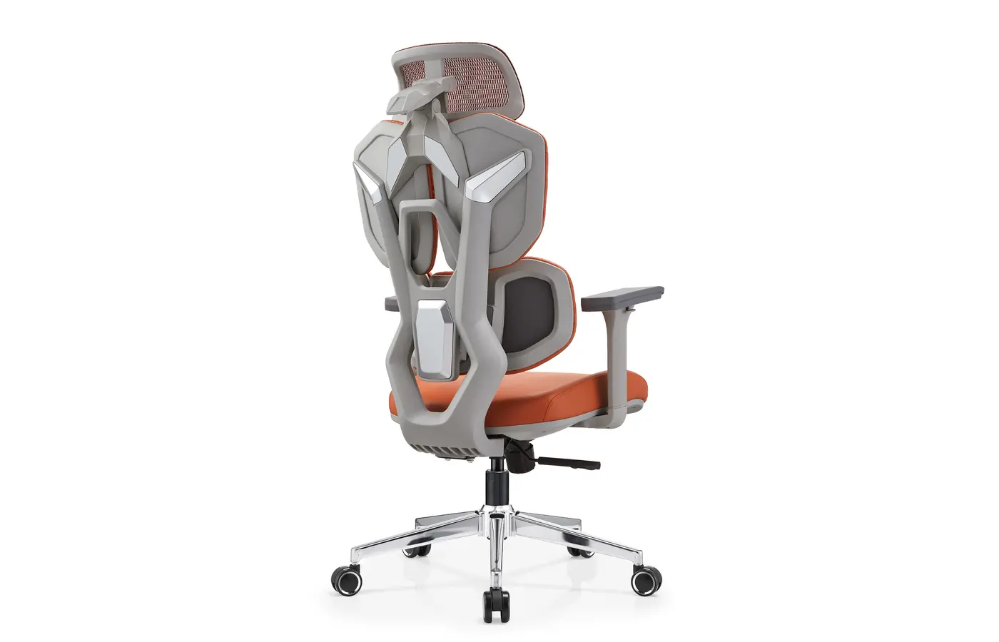DJ-02 orange gaming-inspired dual-back ergonomic chair, rear three-quarter view