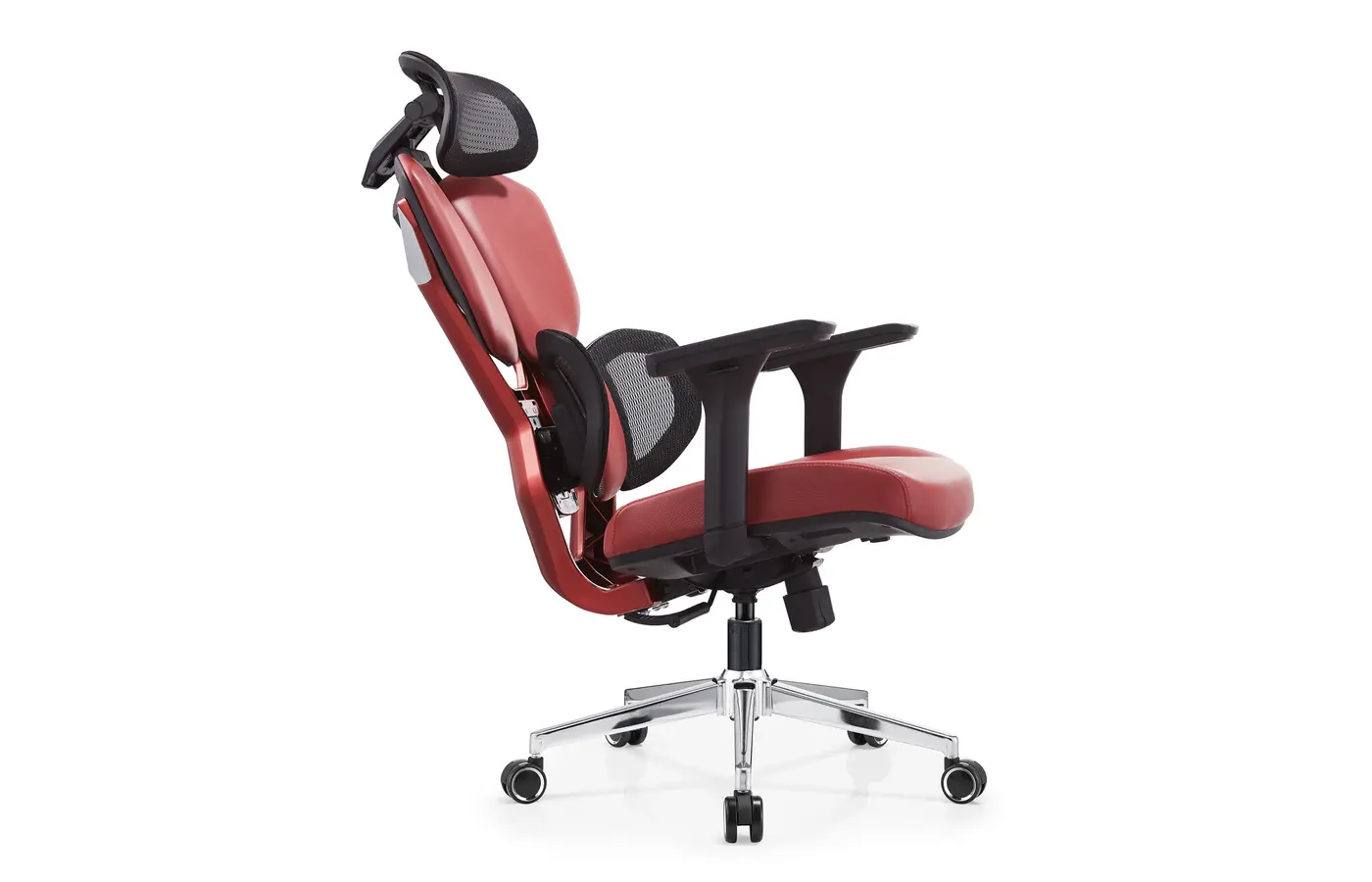 DJ-03 red gaming-inspired dual-back ergonomic chair, rear three-quarter view