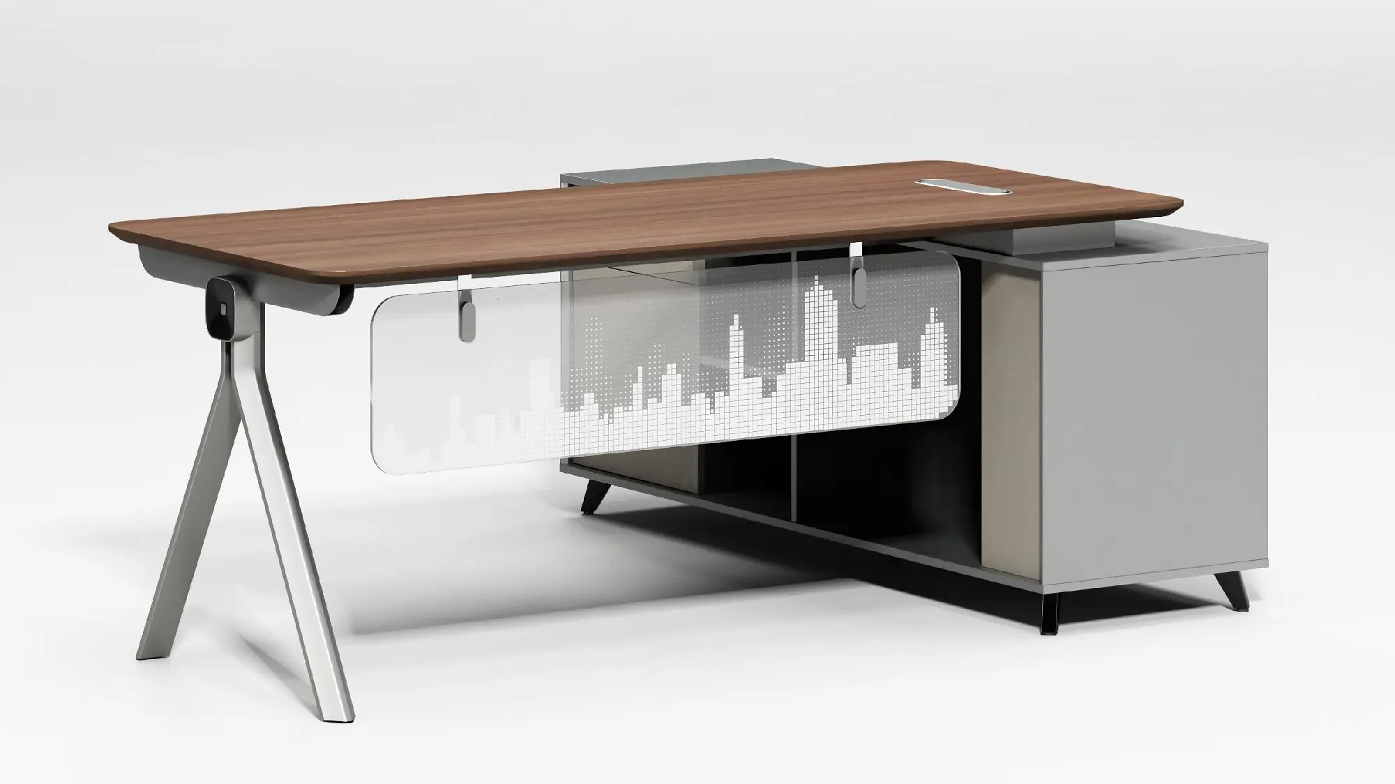 Complete two-person modular office workstation with transparent divider screen and A-frame legs