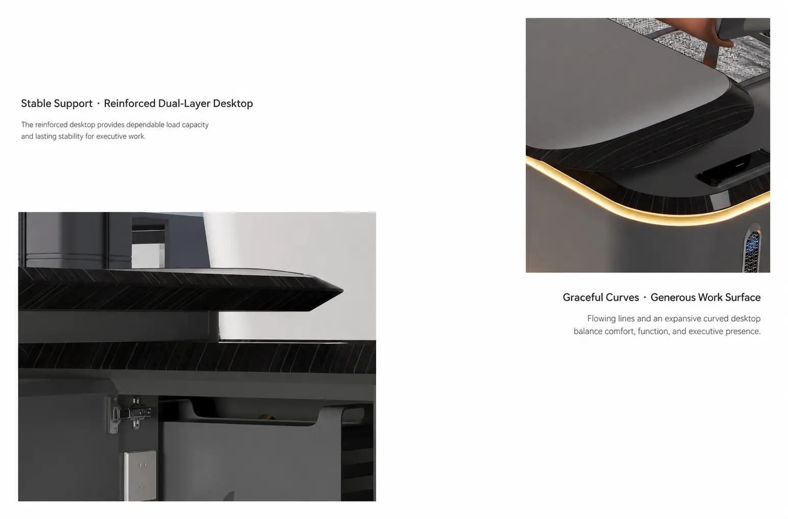 English detail graphic showing the reinforced desktop and graceful curved surface of the FA-T01 desk