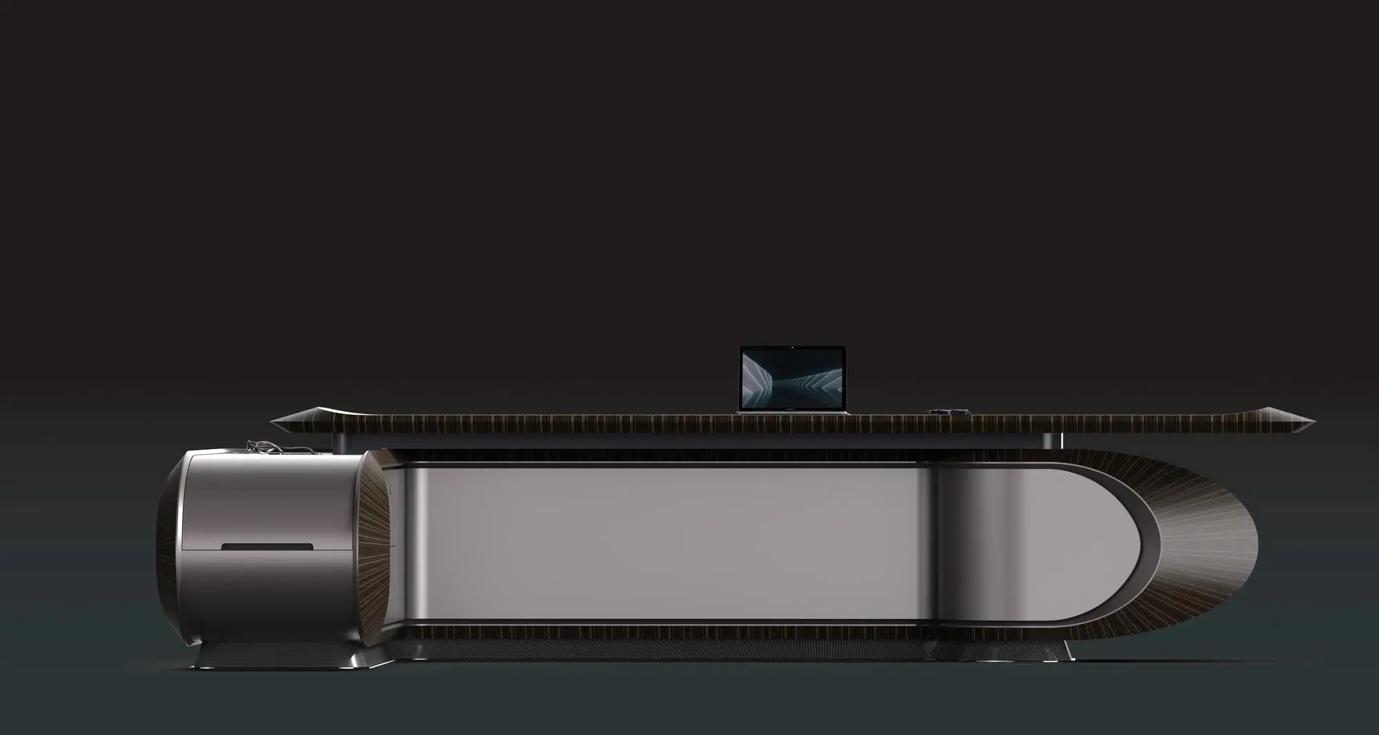 Front elevation of the FA-T01 executive desk showing its elongated work surface and rounded end profile