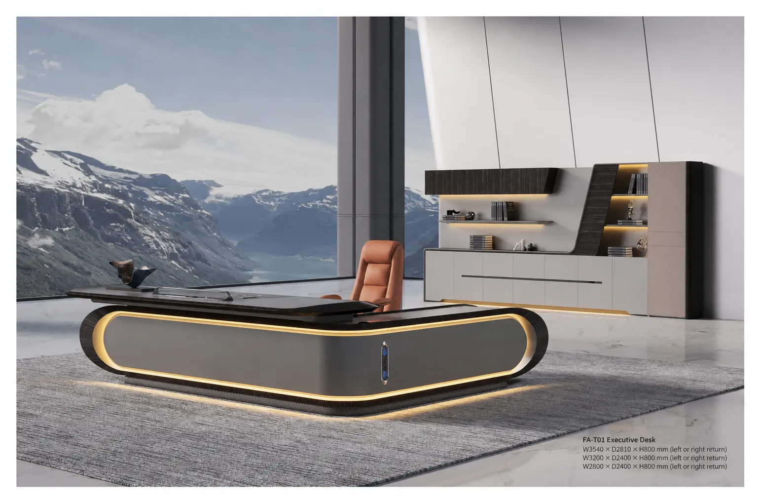 FA-T01 curved executive desk in a premium private office with integrated storage