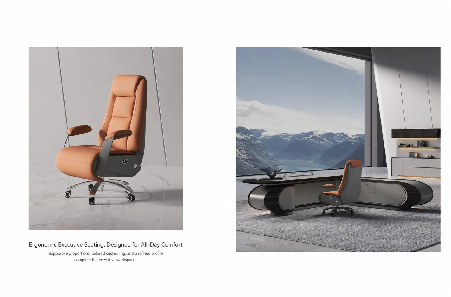 FA-T01 executive desk coordinated with an ergonomic tan executive office chair