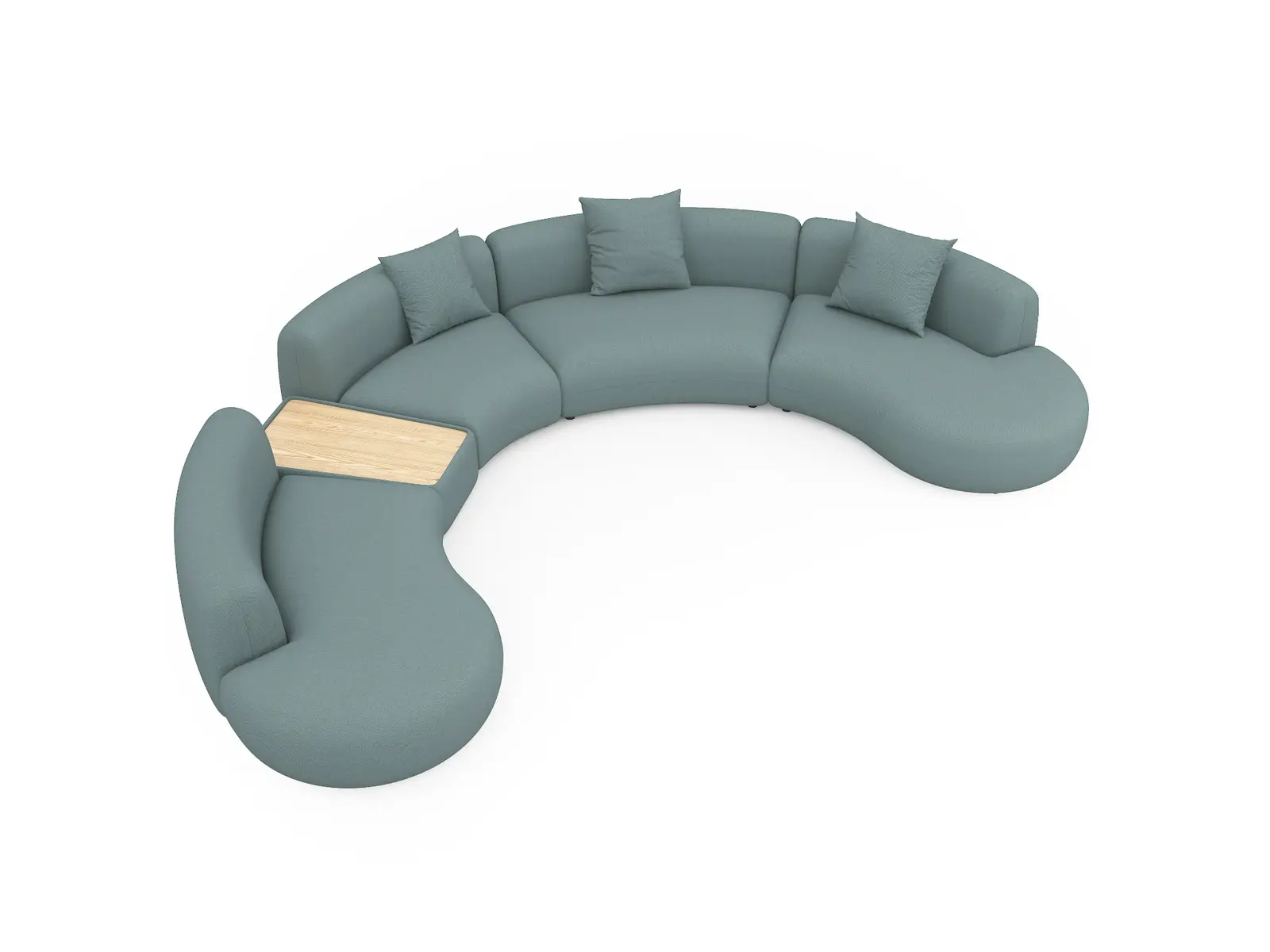 Elevated view of the curved Flow modular sofa and table insert