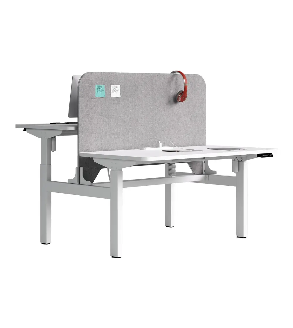 GC-P01D-2 white two-person electric height-adjustable bench desk with privacy screen