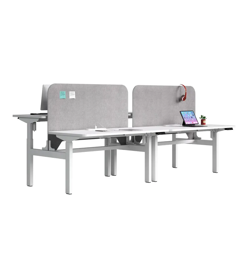 GC-P01D-2A white four-person electric height-adjustable bench workstation with privacy screens