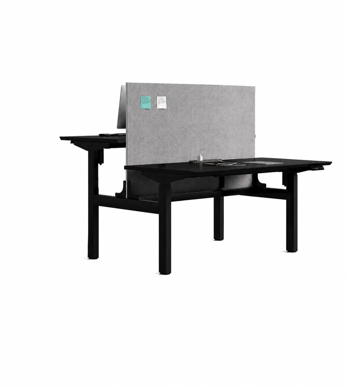 GC-P05D-2 black two-person electric height-adjustable bench desk with privacy screen