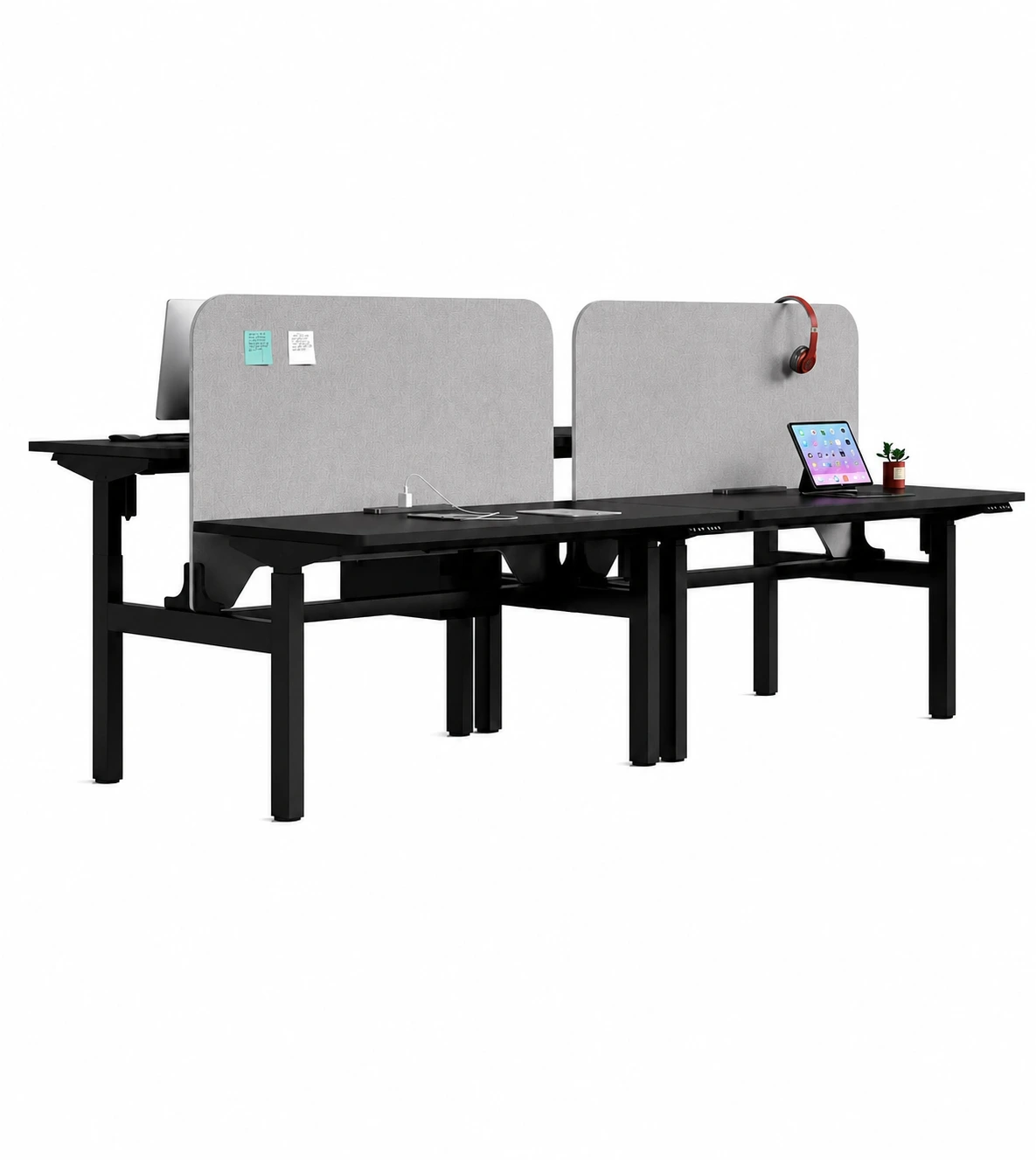 GC-P05D-2A+ black four-person electric height-adjustable bench workstation with privacy screens