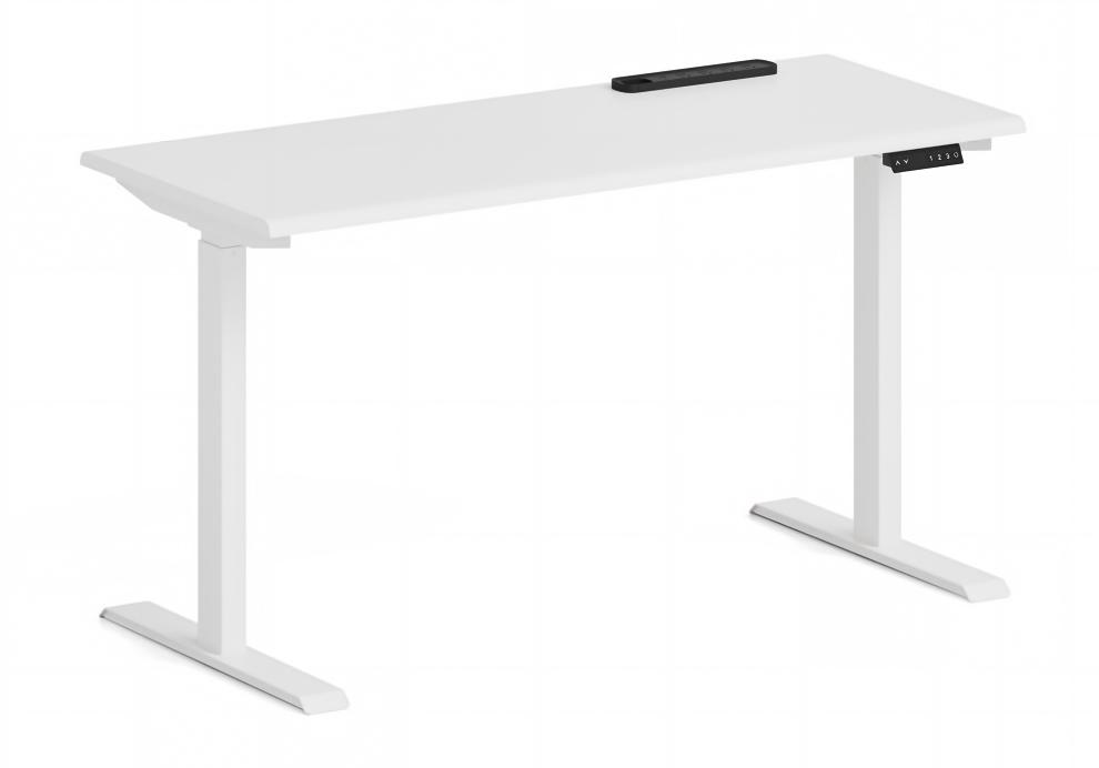 Single-user desk with a white worktop, white T-shaped legs and a desktop cable opening.