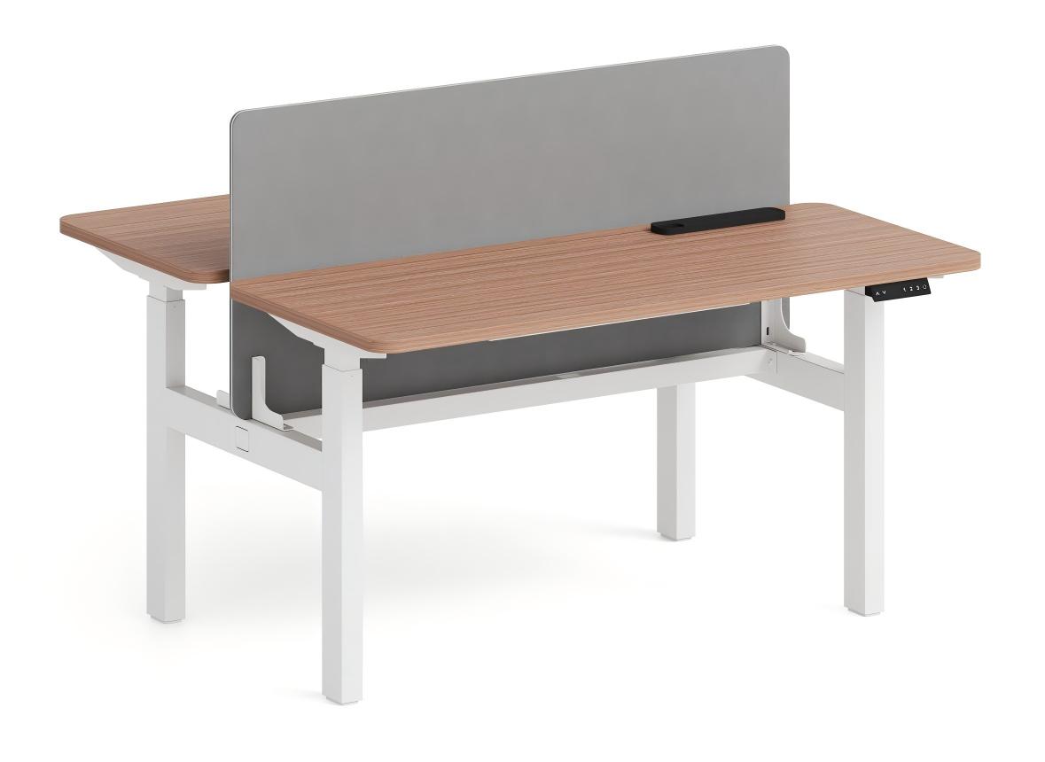 Two-person back-to-back desk with wood-look worktops, a white frame and a central privacy screen.