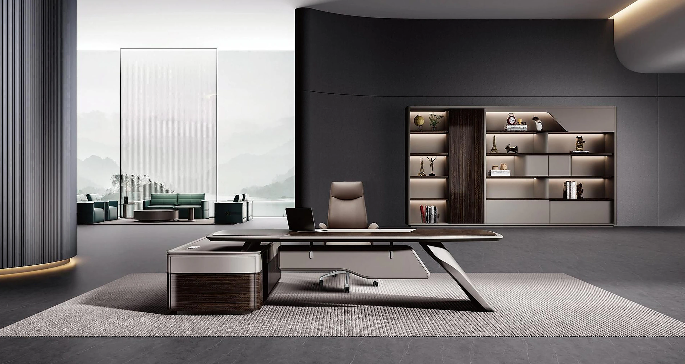 Panoramic premium executive leather office chair scene
