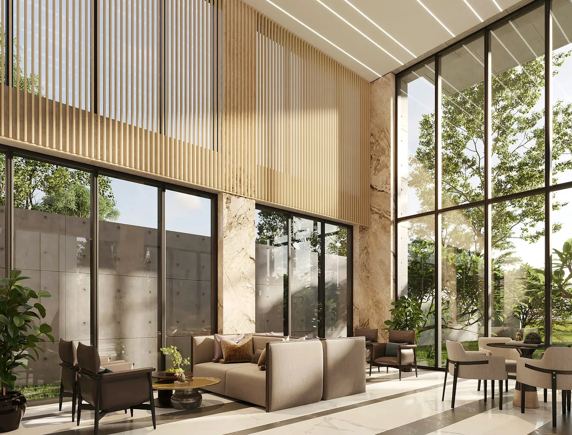 Panoramic library lounge with leisure sofas and reading area