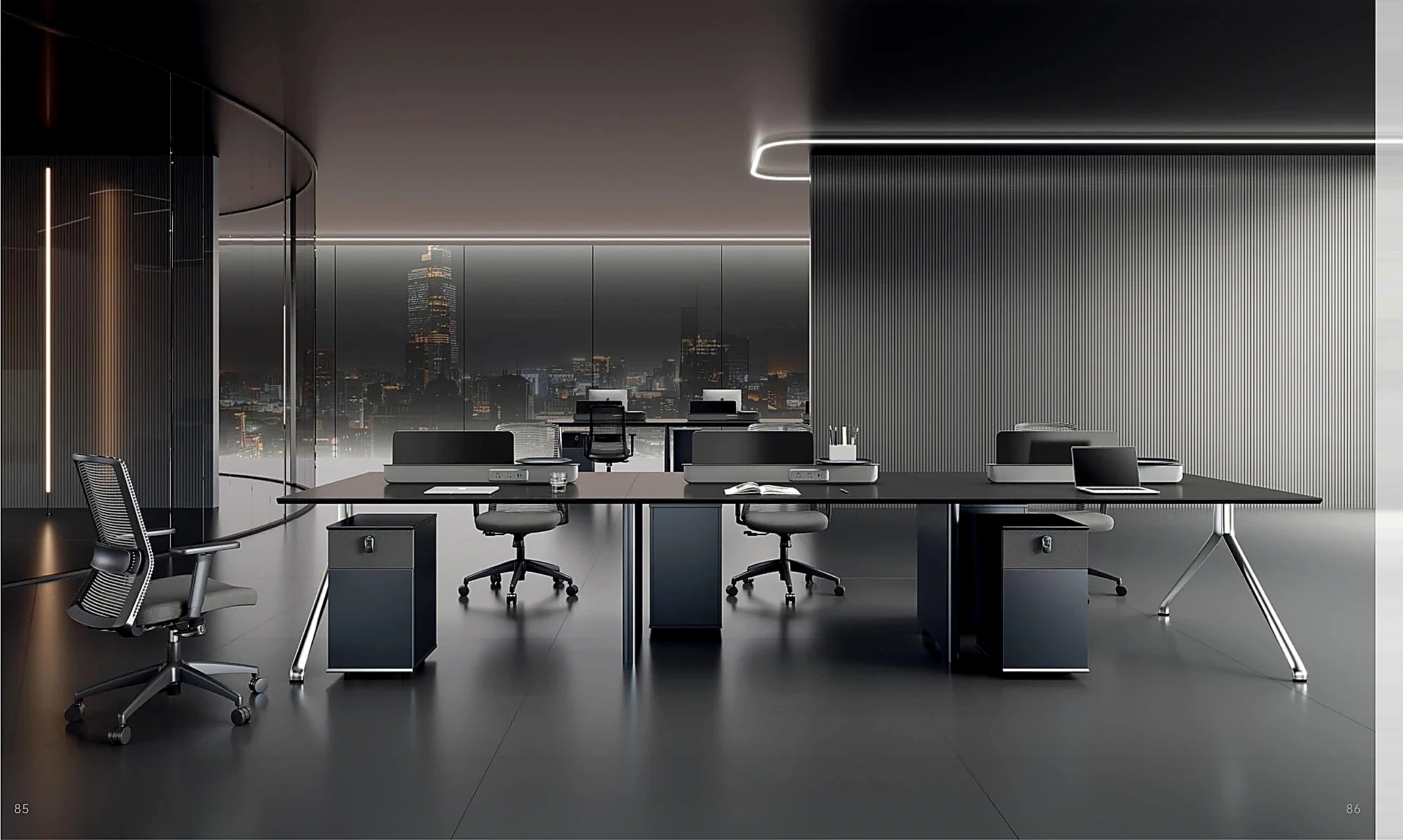 Premium open-plan office workstation system with desks, pedestals and ergonomic chairs