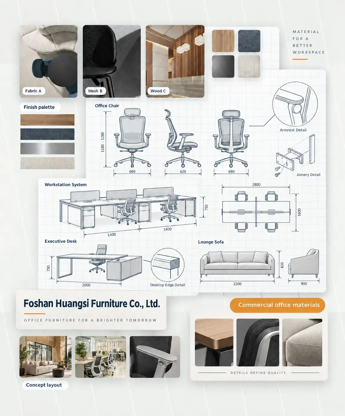HUANGSI commercial office furniture design board with chair, workstation, executive desk and lounge sofa drawings