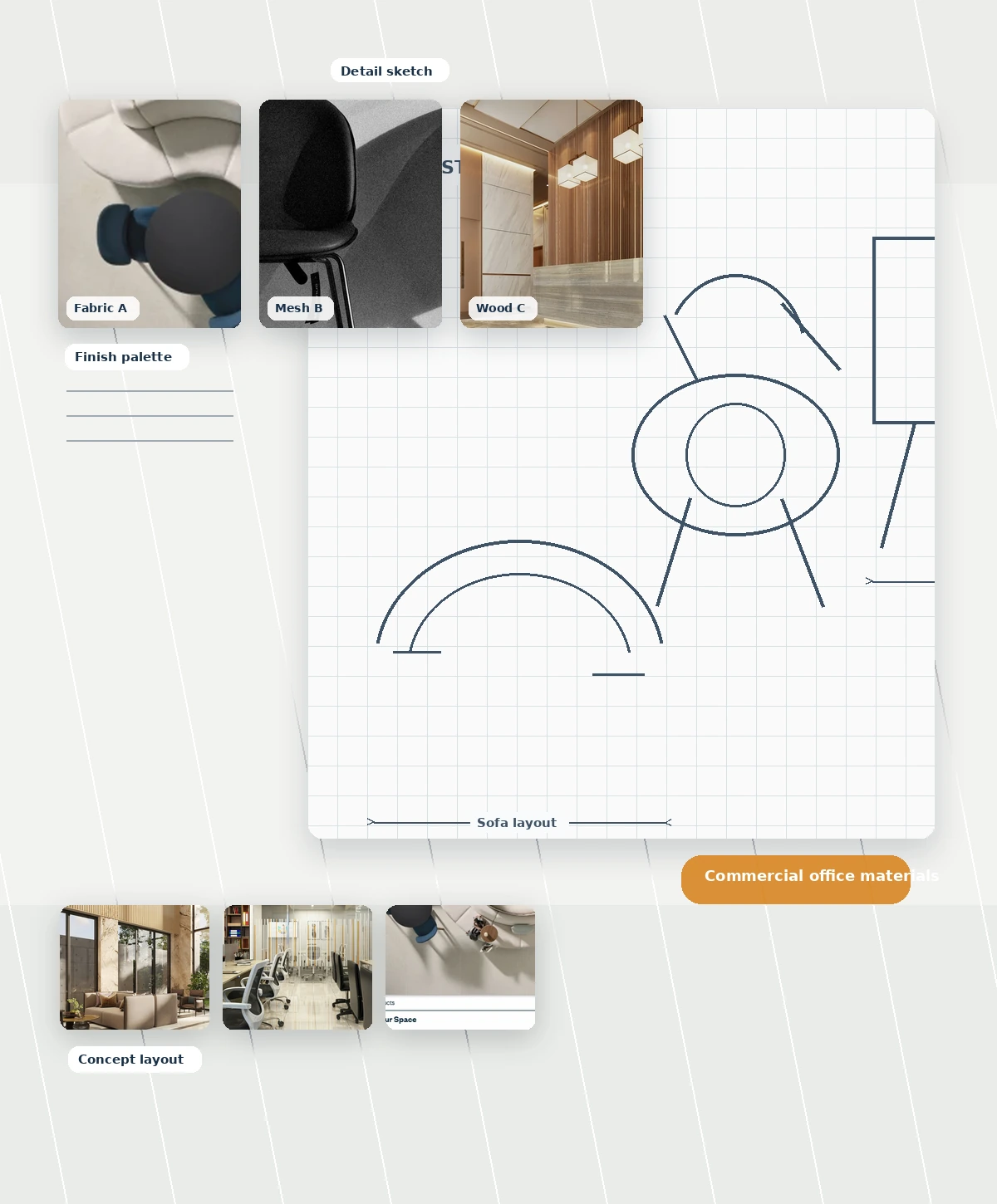 Creative commercial office furniture material board with fabric swatches and design drawings
