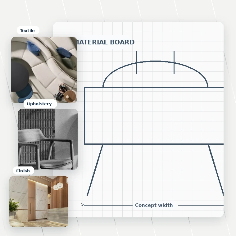 Commercial office furniture finish board with upholstery samples and concept drawing