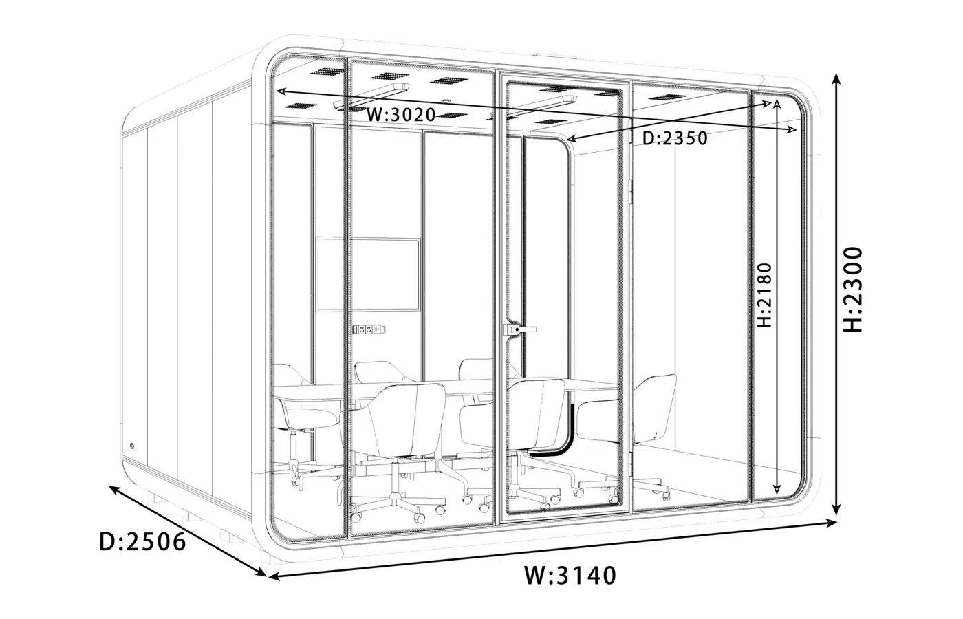 KL-XXL acoustic pod dimension and configuration view