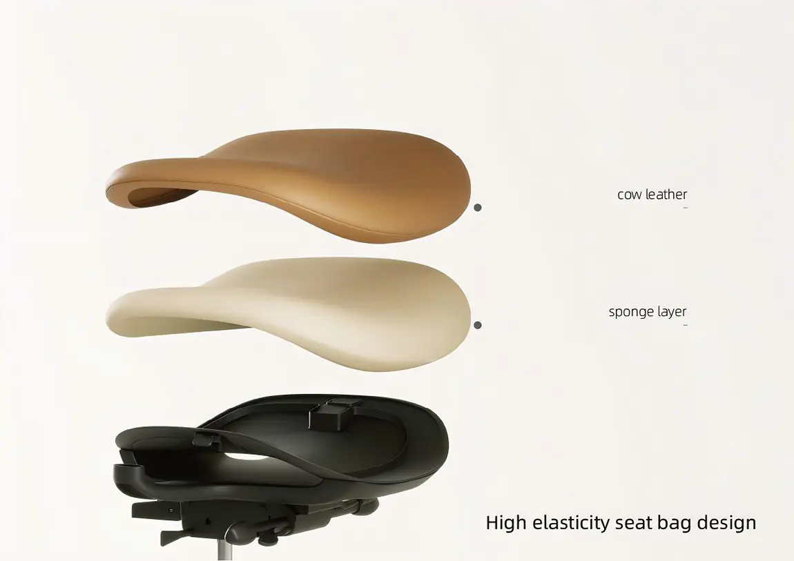 Layered upholstered office chair seat with leather surface and resilient cushioning reference