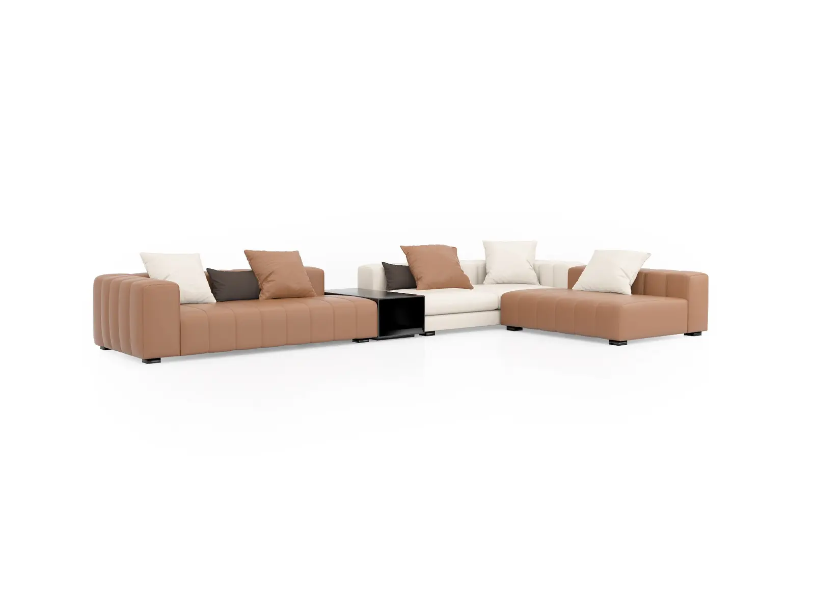 Tan and ivory modular office reception sofa with integrated black side table