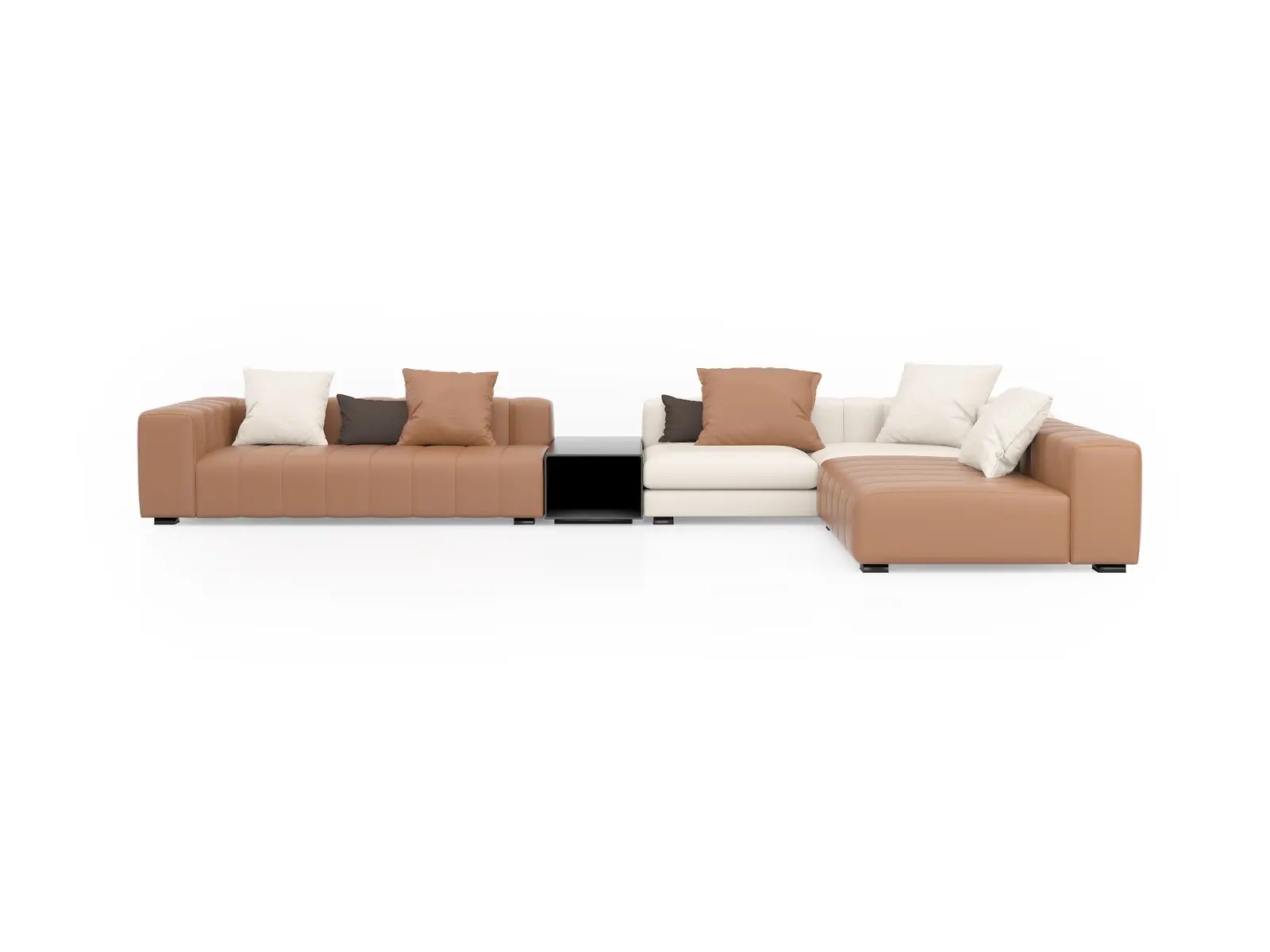 Front view of modular reception office sofa with tan and ivory upholstery