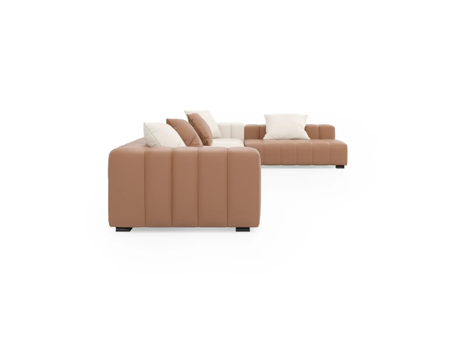 Rear view showing channel-stitched panels on a modular commercial lounge sofa